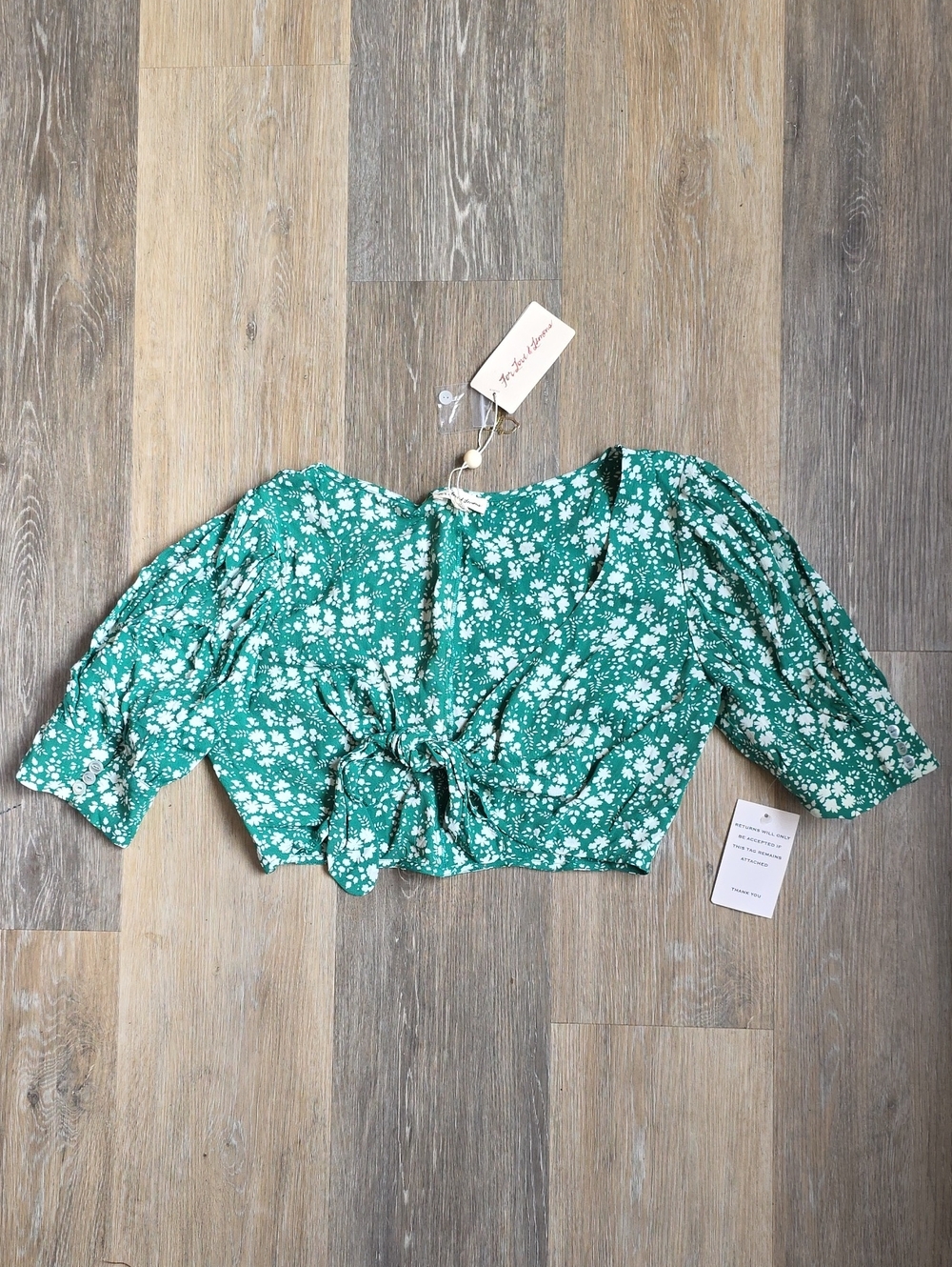 For Love & Lemons Emerald Green Floral Tie-Front Crop Top